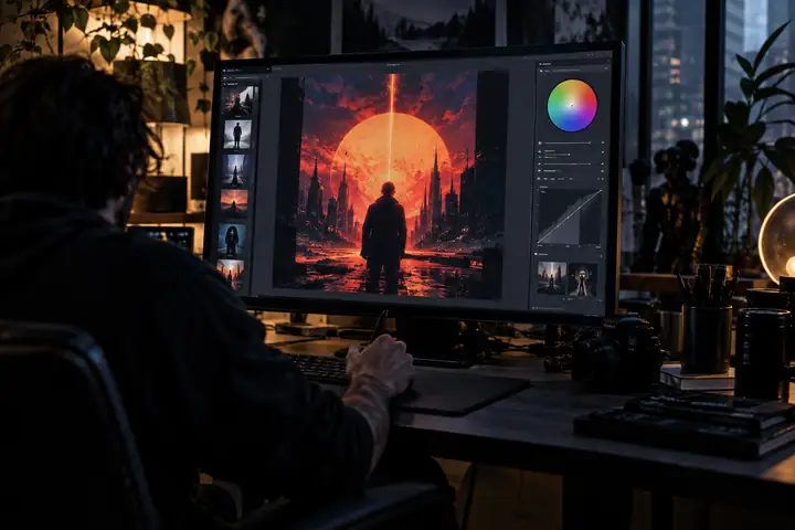 A cinematic view of a dark poster-editing workspace showing a vivid graphic poster on its canvas, framed by realistic editing controls.