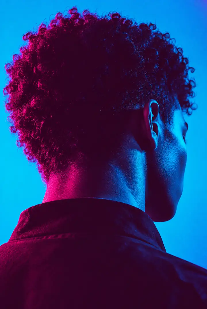 Blue and magenta duotone portrait on a contemporary music poster
