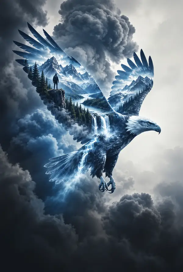 Blue double-exposure poster combining an eagle with a scenic landscape
