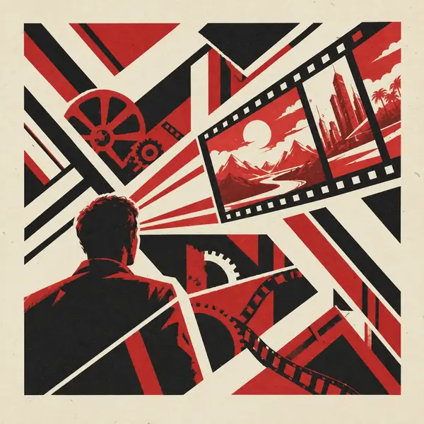Bold geometric constructivist artwork in red, cream, and black
