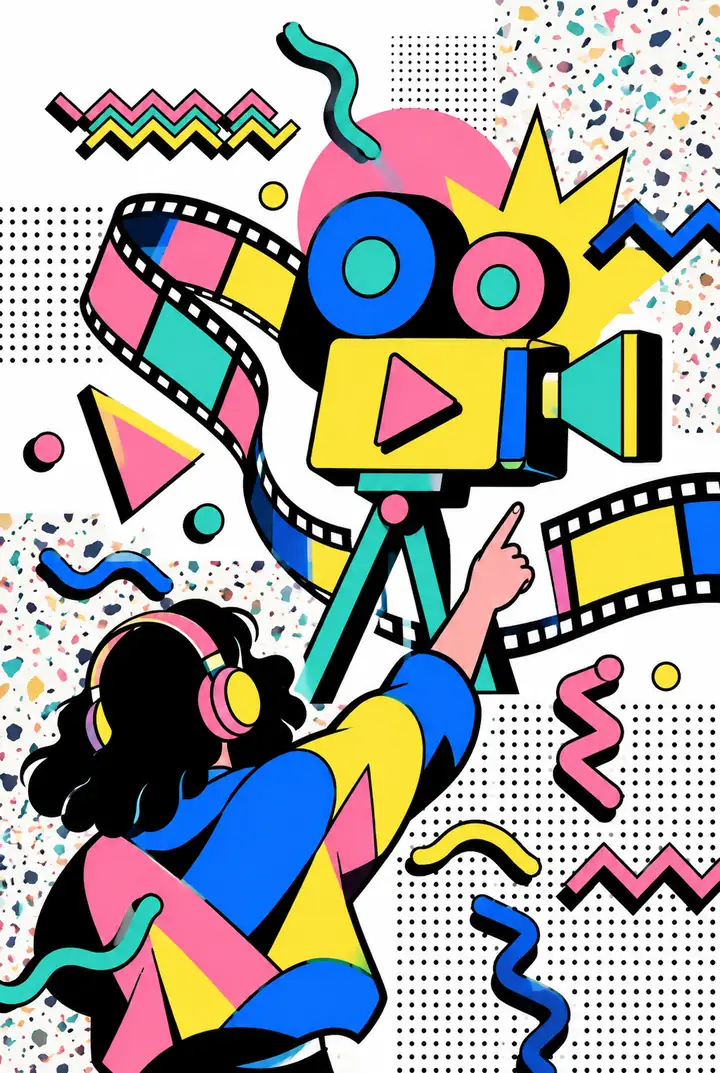 Colorful Memphis-style poster with energetic shapes and playful graphic design