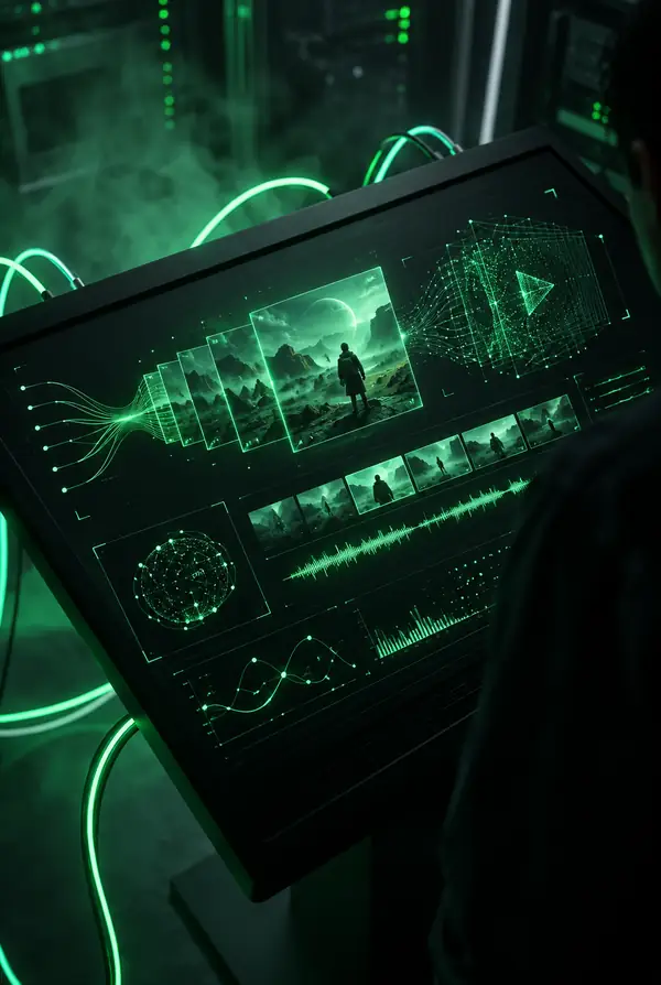 Dark technology poster showing a green-lit data display