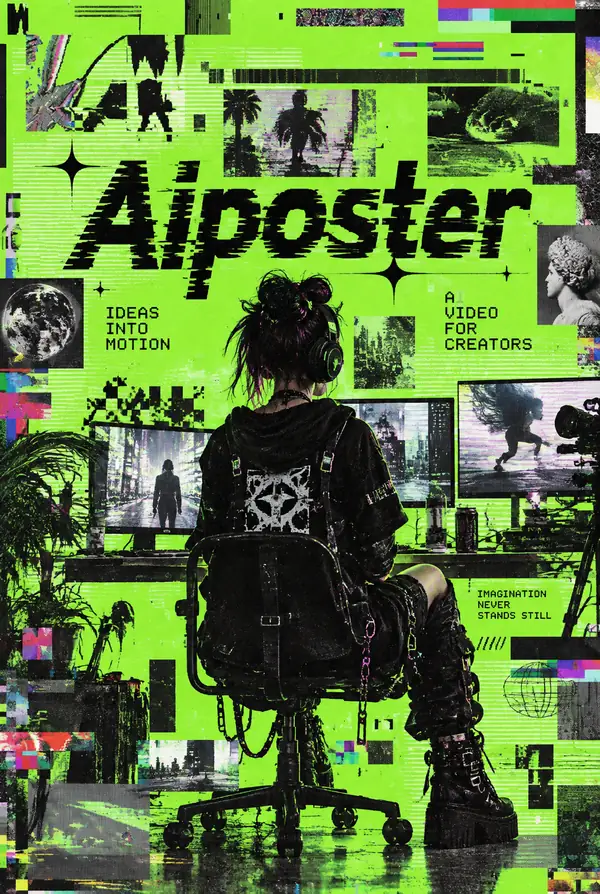 Electric lime-green glitch-art poster with layered typography