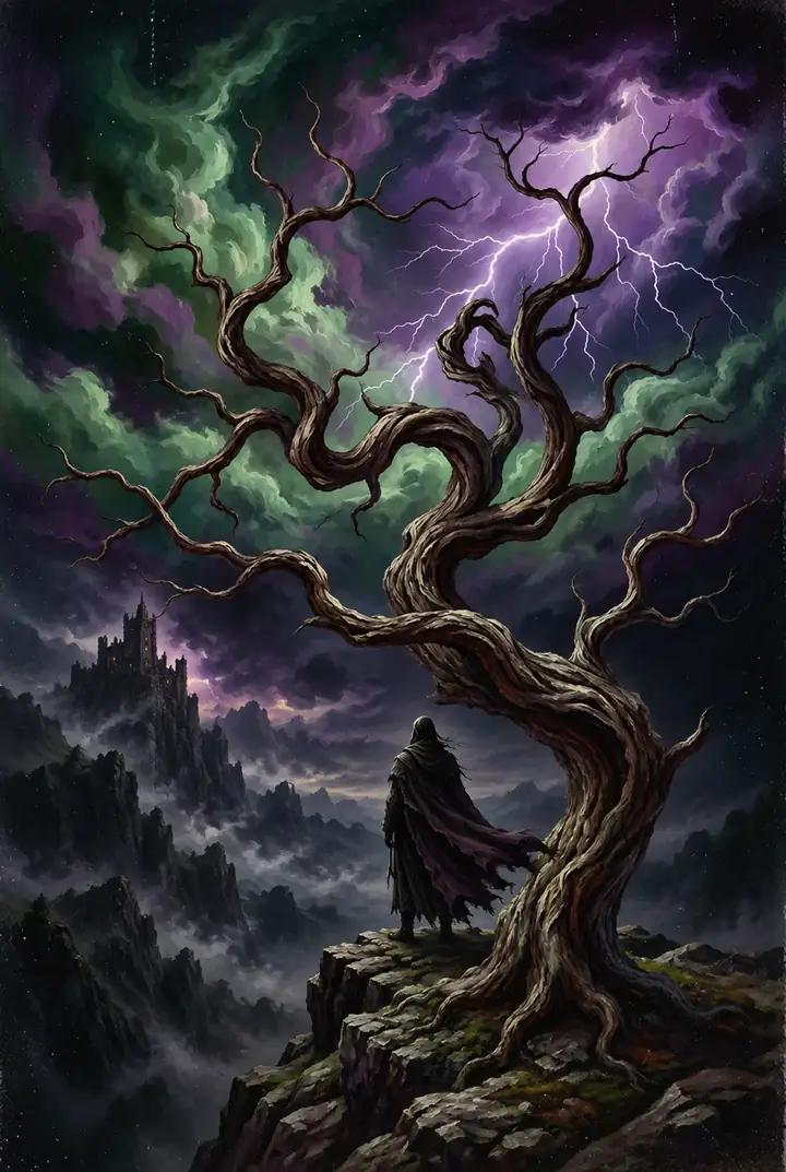 Expressive dark landscape poster with a twisting tree and stormy sky