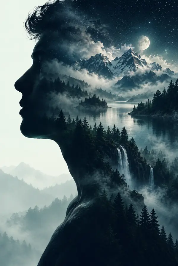 Layered double-exposure portrait with atmospheric colors